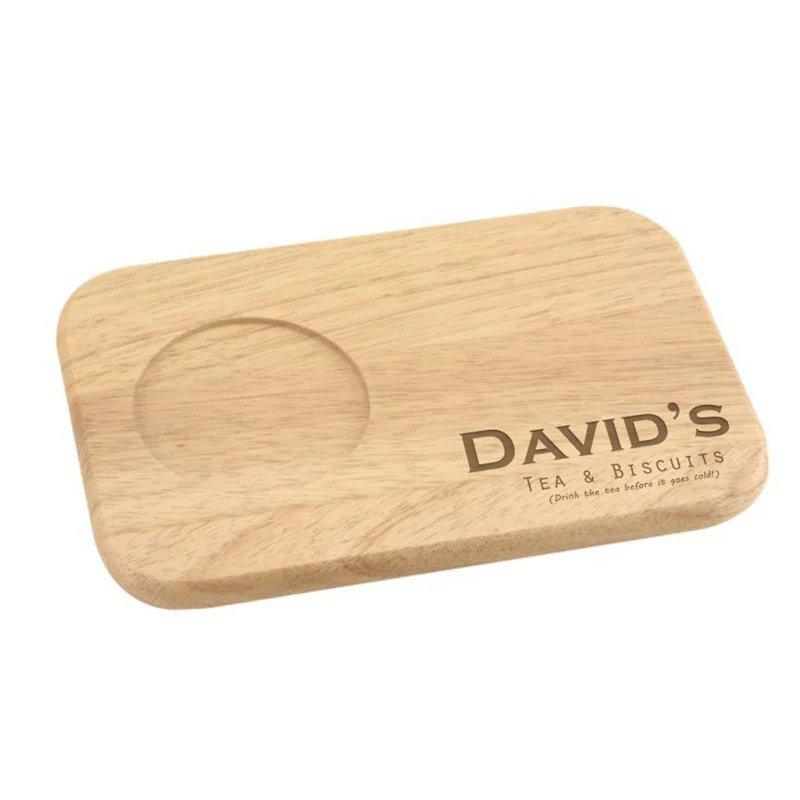 Personalised tea and biscuit tray for David, engraved wooden board with mug recess