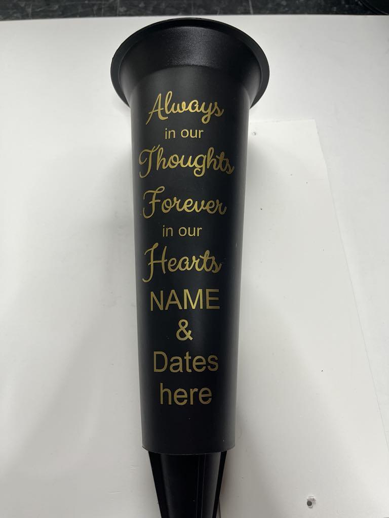 Personalised memorial vase with gold lettering, black graveside flower holder