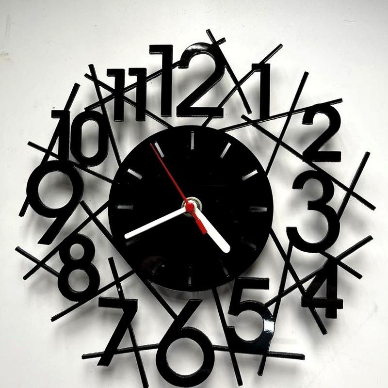 Modern black acrylic wall clock with scattered numbers